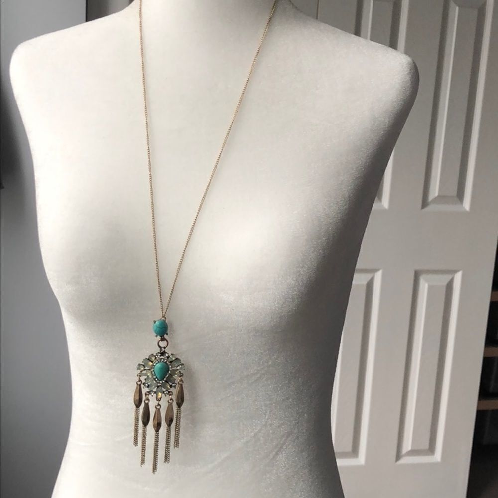 Turquoise and jewel long silver tone necklace